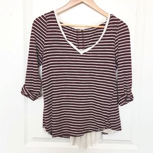 Meadow Rue medium red white striped 3/4 rolled sleeve lace shirt Anthro
